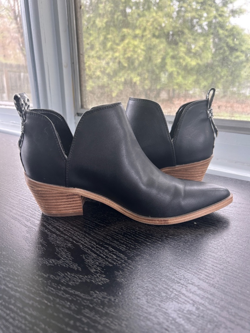 Nine West Black Leather Cutout Ankle Booties with Brown Stacked Heel
